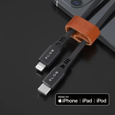 Zlos USB-C to Lightning Cable Leather Strap Included - Black